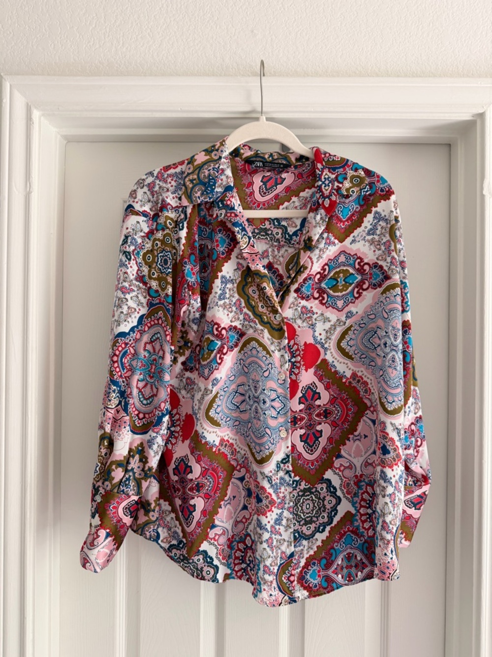 Zara Paisley-Print Button-Down Shirt in Pink Multicolor